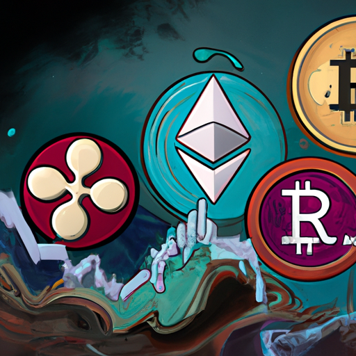 A professional digital painting about the current market session, with a focus on Bitcoin and altcoins like Ethereum and Ripple. The market cap has increased by 0.79% to reach $1.12T, with Bitcoin experiencing a 0.81% gain and a push towards the $27K mark. Ethereum has also seen a mild gain of less than 1%, while Ripple has started the session with a 2.3% gain. The painting features warm colors and captivating visuals, and is trending on ArtStation in the style of vaporwave.
