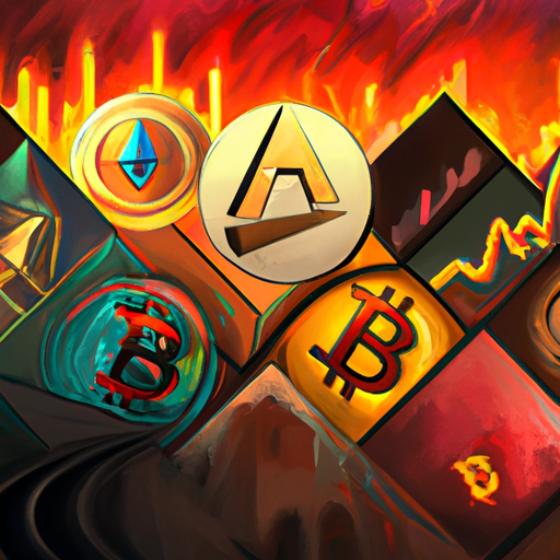 a professional digital painting about cryptocurrency market activity, Bitcoin, Ripple, Solana, Polygon, Cardano, Tron, Litecoin, ARPA, market dominance, bullish and bearish trends, gorgeous digital painting, warm colors captivating, trending in artstation