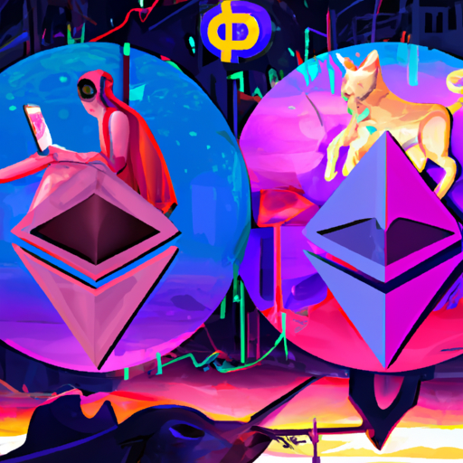 A professional digital painting about the current bullish signals in the market, with Bitcoin and Ethereum both showing gains. Lido DAO and PepeDerp are also performing well. The painting is gorgeous, with warm colors and captivating details, and is trending on ArtStation in the style of vaporwave.