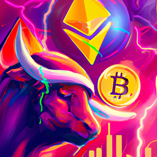 a professional digital painting about bullish sentiment, global market cap, Bitcoin, Ethereum, Cardano, UNI, Quant, trading indicators, gorgeous digital painting, warm colors captivating, trending on ArtStation, in the style of vaporwave
