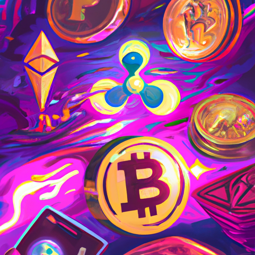 A professional digital painting about cryptocurrency, Bitcoin, Ethereum, BNB, Ripple, Litecoin, Filecoin, Maker, Gala, gains and losses, gorgeous digital painting, warm colors captivating, trending on ArtStation, in the style of vaporwave.