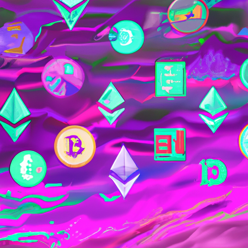 a breath taking expressive abstract visual about cryptocurrency market analysis, Bitcoin, Ethereum, Pendle, Filecoin, BNB, Flow, Compound, Verge, price fluctuations, positive sentiment, gorgeous digital painting, warm colors captivating, trending on ArtStation, in the style of vaporwave