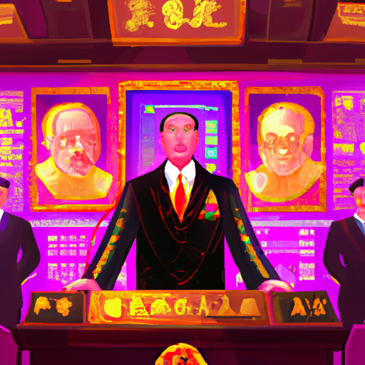 A professional digital painting depicting the leadership transition in the People's Bank of China, with Pan Gongsheng taking over as the Party Secretary. The painting showcases a gorgeous digital artwork with warm colors, captivating the viewer. This artwork is trending on ArtStation and is created in the style of vaporwave.