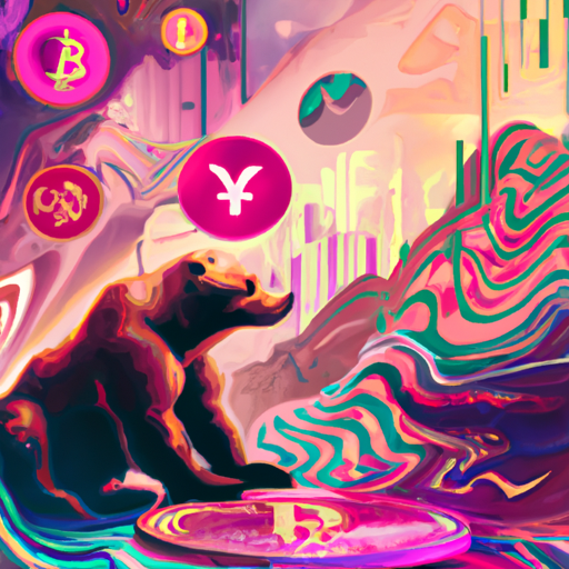 A professional digital painting about cryptocurrency market activity, Bitcoin, Ripple, Solana, bullish week, bears, gains, drops, trading volume, gorgeous digital painting, warm colors captivating, trending on ArtStation, in the style of vaporwave