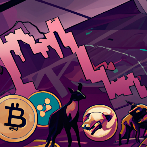 A professional digital painting depicting the current state of the cryptocurrency market, with a focus on Bitcoin, Ethereum, and Ripple. The painting showcases the decreasing volatility and efforts by bulls to dominate the market. The overall tone is captivating and trending on ArtStation, with warm colors and a vaporwave style.