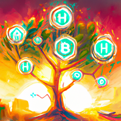 a professional digital painting about Huobi, Merkle tree, asset proof data, blockchain, crypto industry, gorgeous digital painting, warm colors captivating, trending in artstation