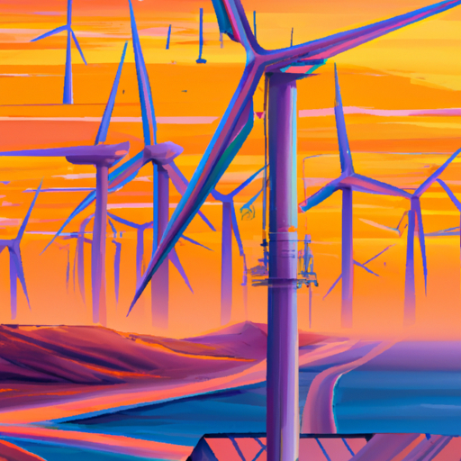 A professional digital painting about wind power, renewable energy, Suzlon Energy Limited, share price, technical analysis, sustainable energy, global presence, gorgeous digital painting, warm colors captivating, trending on ArtStation, in the style of vaporwave
