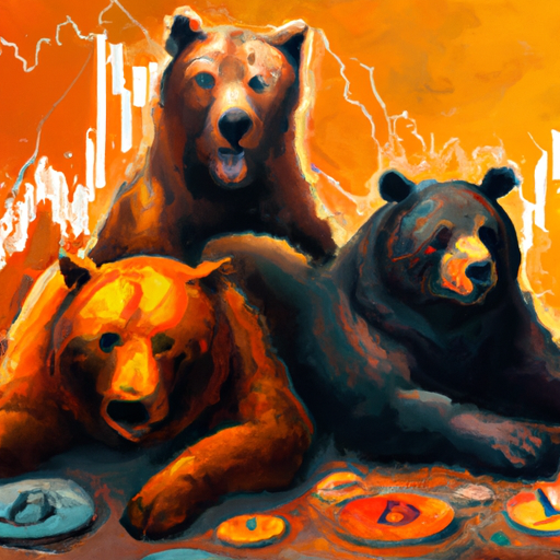 A professional digital painting depicting the market session and analysis of Bitcoin, SOL, Toncoin, and Frax Share. The painting showcases the bear activity in the market, as well as the efforts of bulls and bears for dominance. The colors used are warm and captivating, creating a visually appealing artwork. This painting is trending on ArtStation and is done in the style of vaporwave.